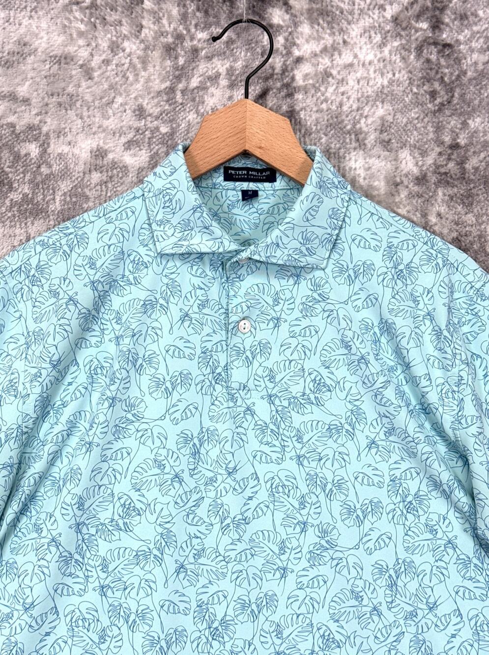 Peter Millar Polo Shirt Medium Mens Crown Crafted Blue Floral Leaf San Jose